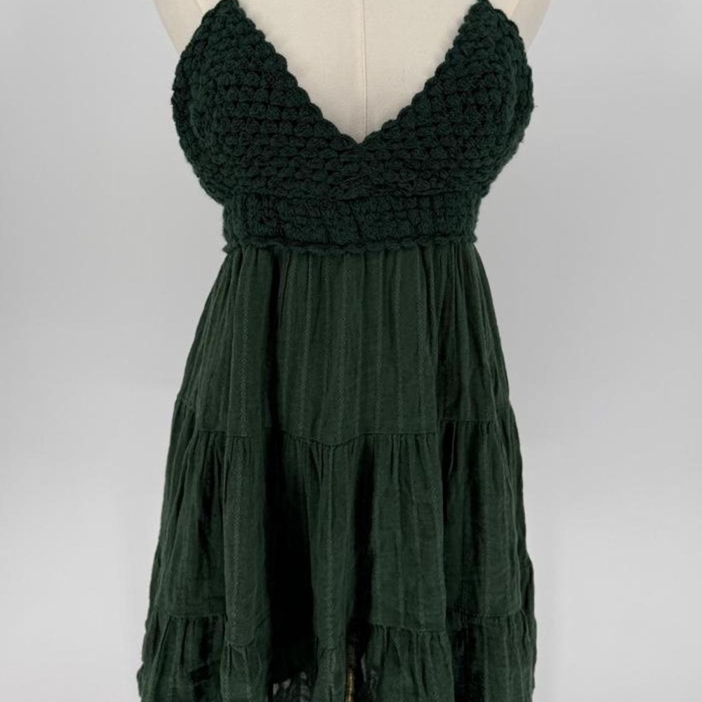 Aerie Green Crochet Halter Dress Ruffled Tiered Boho Mini Dress Small
